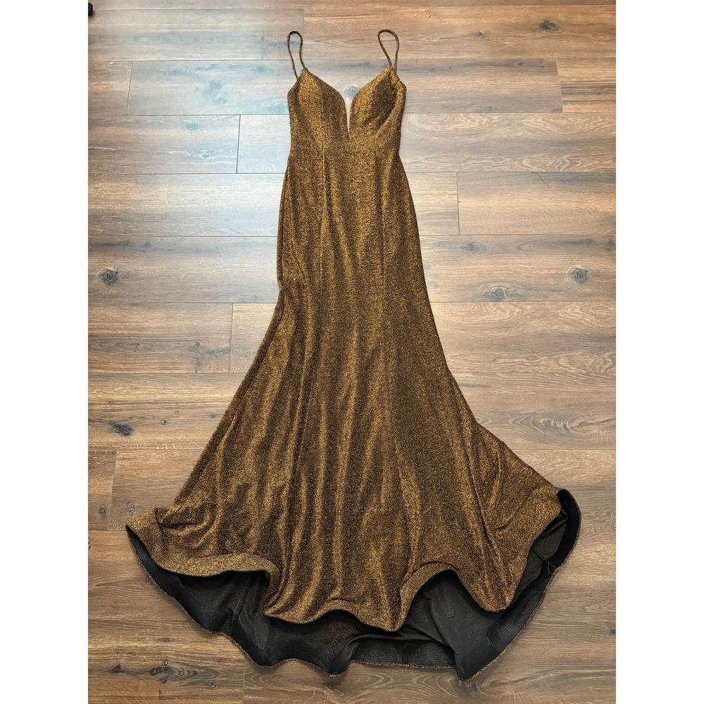 Bicici & Coty Bronze Metallic Glitter Prom Gown Open Back Formal Dress Womens